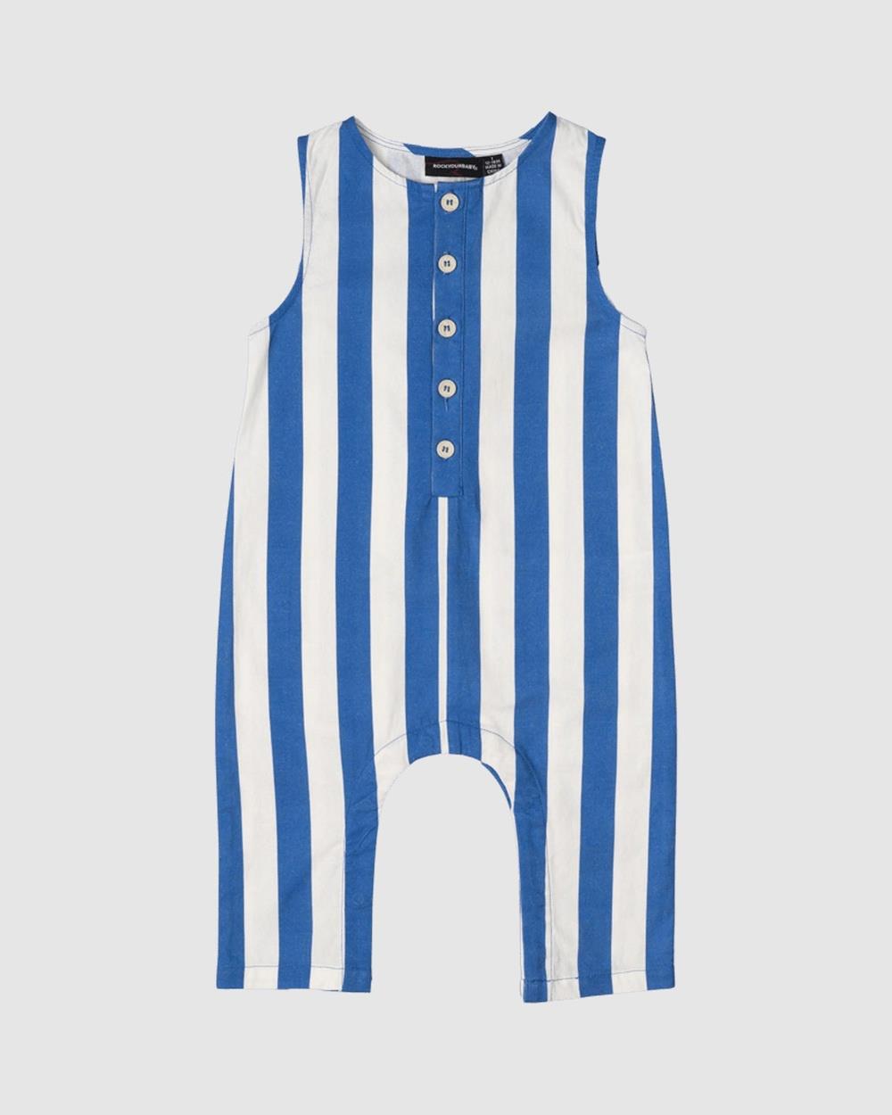 Rock Your Baby - Stripe Playsuit Babies - Sleeveless (Blue & Ecru Stripe) Stripe Playsuit - Babies