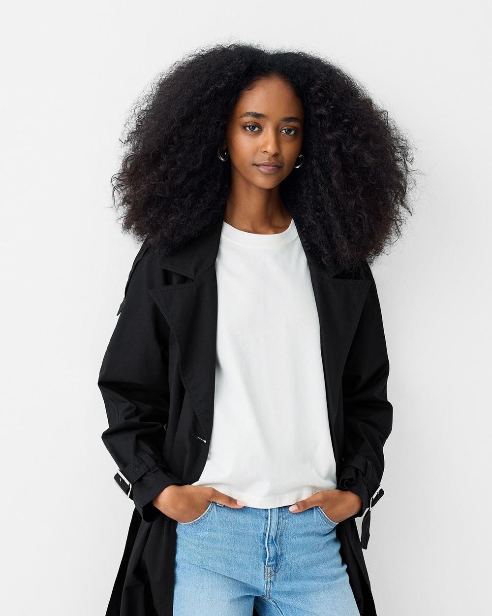 Bershka - Cotton Trench Coat - Coats & Jackets (Black) Cotton Trench Coat