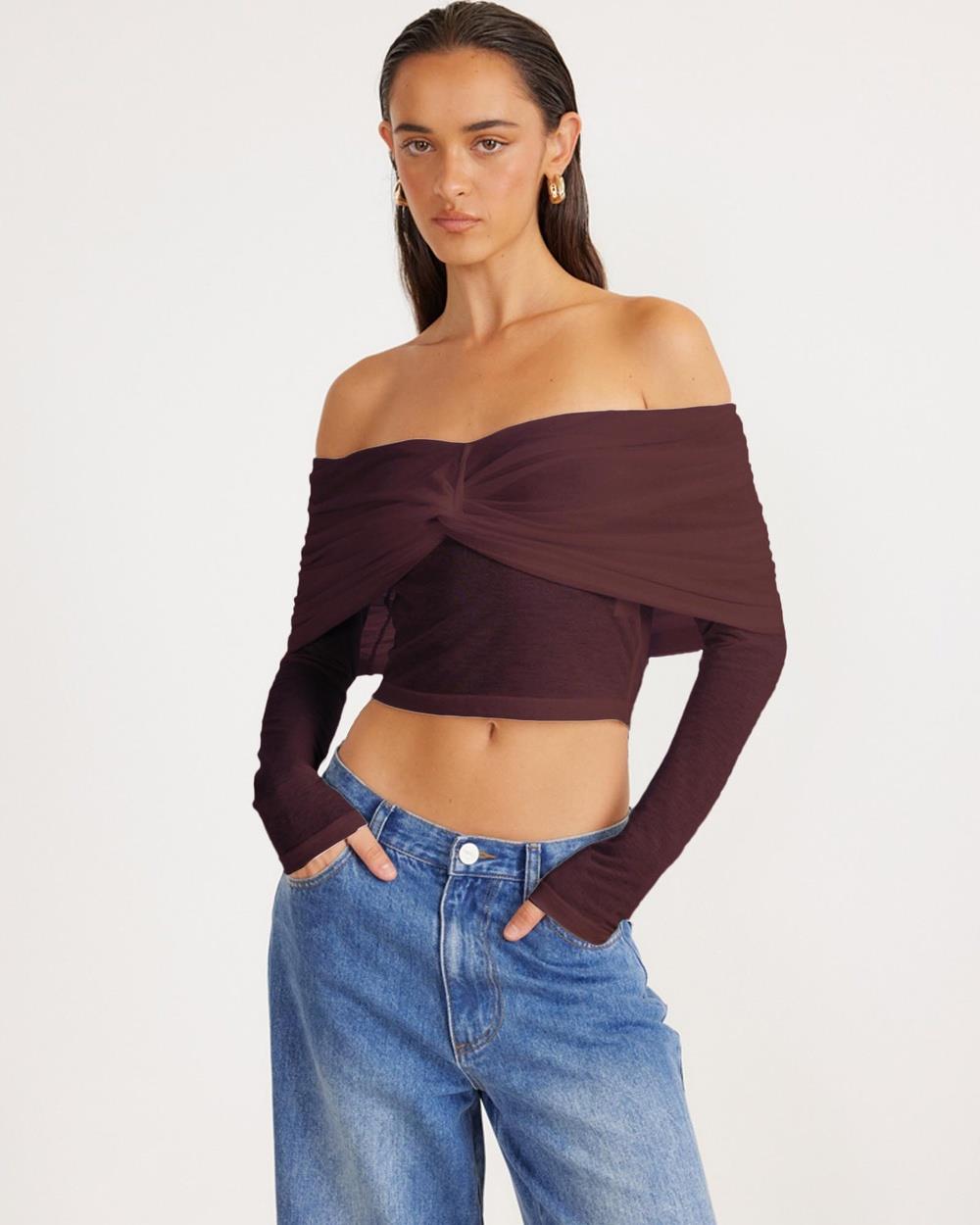 SNDYS - Madrid Off Shoulder Top ICONIC EXCLUSIVE - Tops (Maroon) Madrid Off Shoulder Top - ICONIC EXCLUSIVE