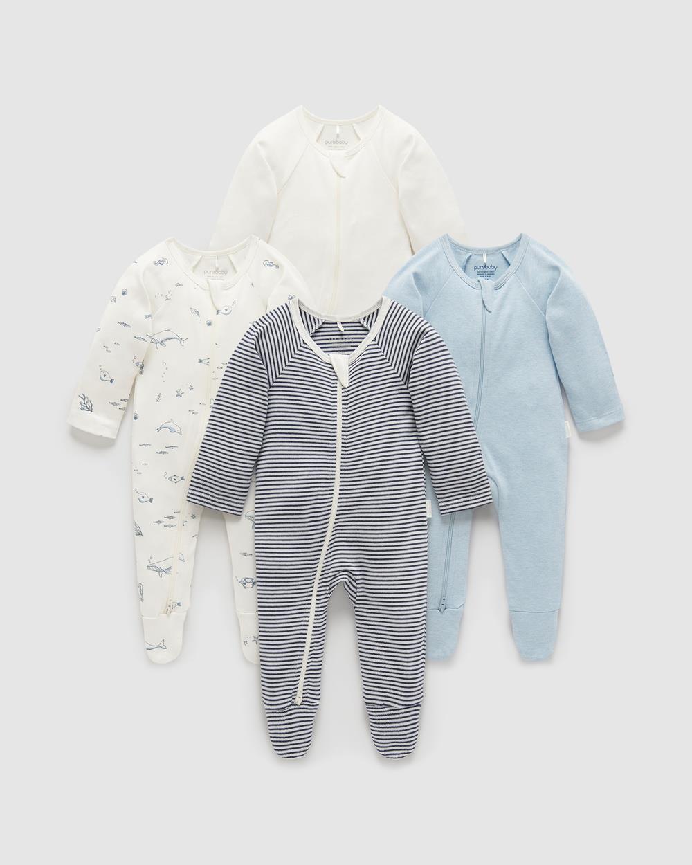 Purebaby - 4 Pack Zip Growsuit Babies - All onesies (BQ_Vanilla Nautical Pack) 4 Pack Zip Growsuit-Babies