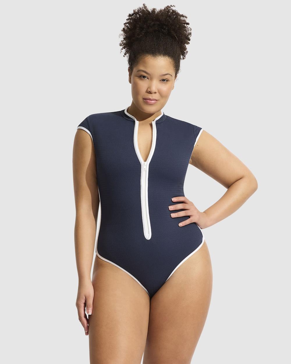 Seafolly - Beach Bound Cap Sleeve Zip Front One Piece - One-Piece / Swimsuit (True Navy) Beach Bound Cap Sleeve Zip Front One Piece
