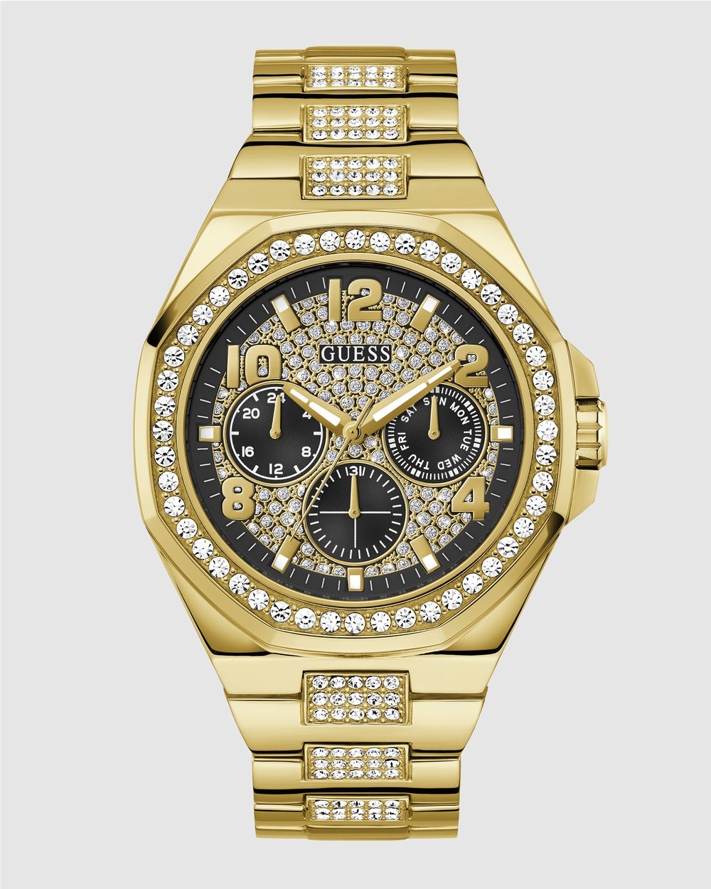 GUESS - Gold Tone Multi function Men's 46mm Black Dial with Crystals on Bezel and Strap Analogue Watch - Watches (Gold) Gold-Tone Multi-function Men's 46mm Black Dial with Crystals on Bezel and Strap Analogue Watch