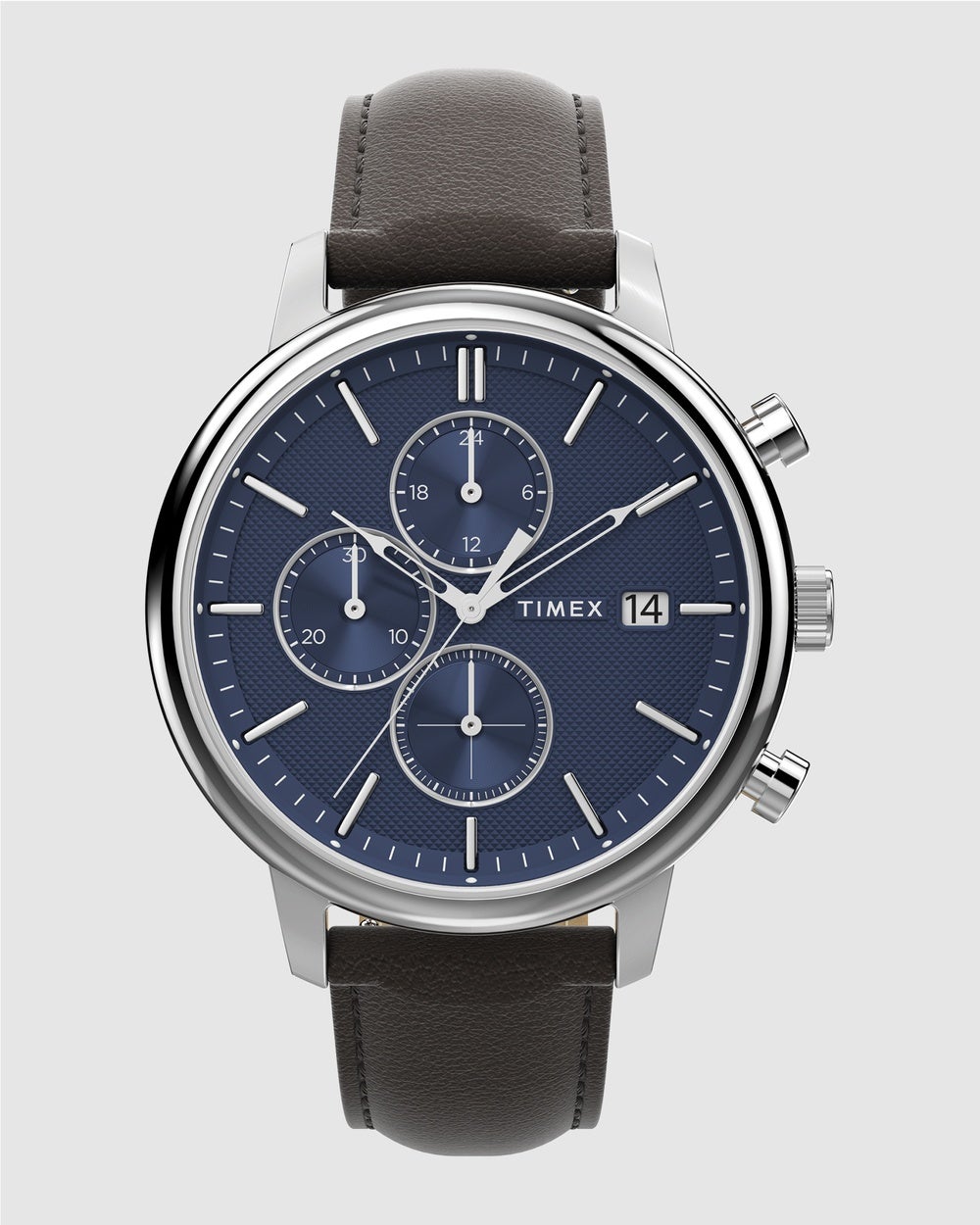 TIMEX - Chicago Chrono 45mm Silver Tone Blue Dial Brown Leather Strap - Watches (Brown) Chicago Chrono 45mm Silver Tone Blue Dial Brown Leather Strap