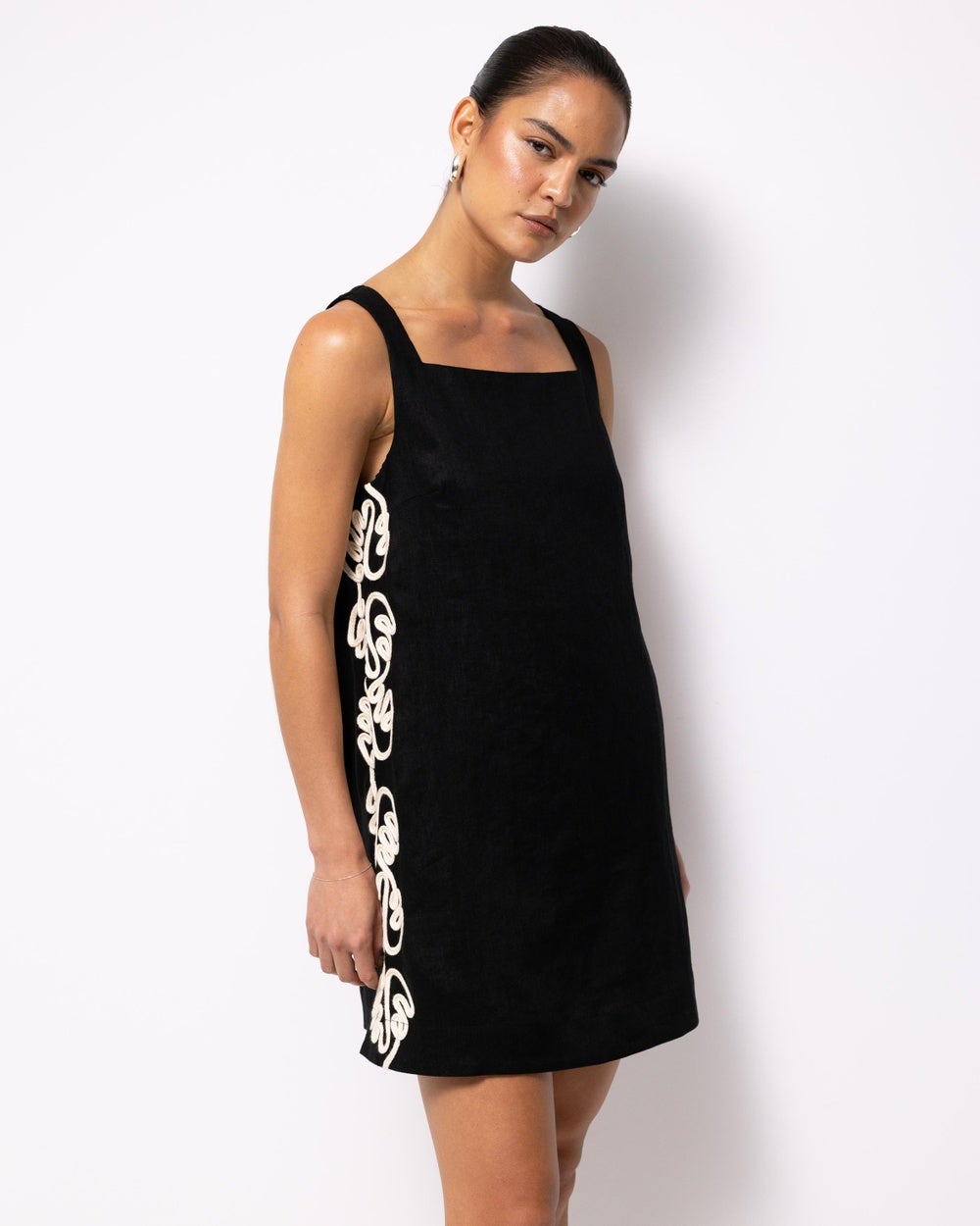 AERE - Quinn Embroidered Linen Mini Dress - Dresses (Black & Nest) Quinn Embroidered Linen Mini Dress