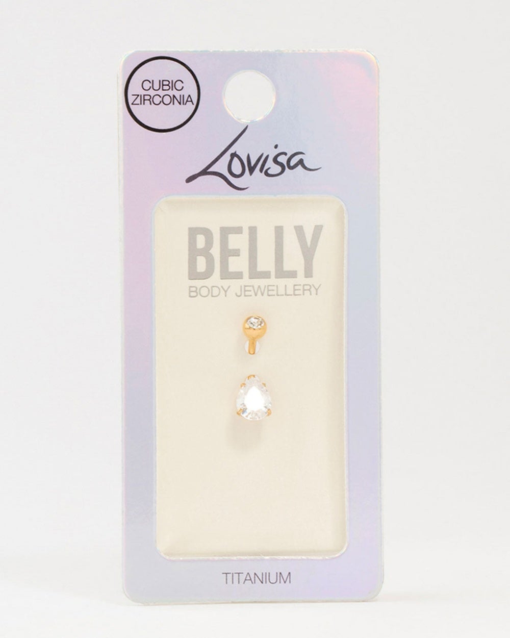 Lovisa - Gold Plated Titanium Round Bezel &amp; Pear Belly Bar - Jewellery (Gold) Gold Plated Titanium Round Bezel &amp; Pear Belly Bar