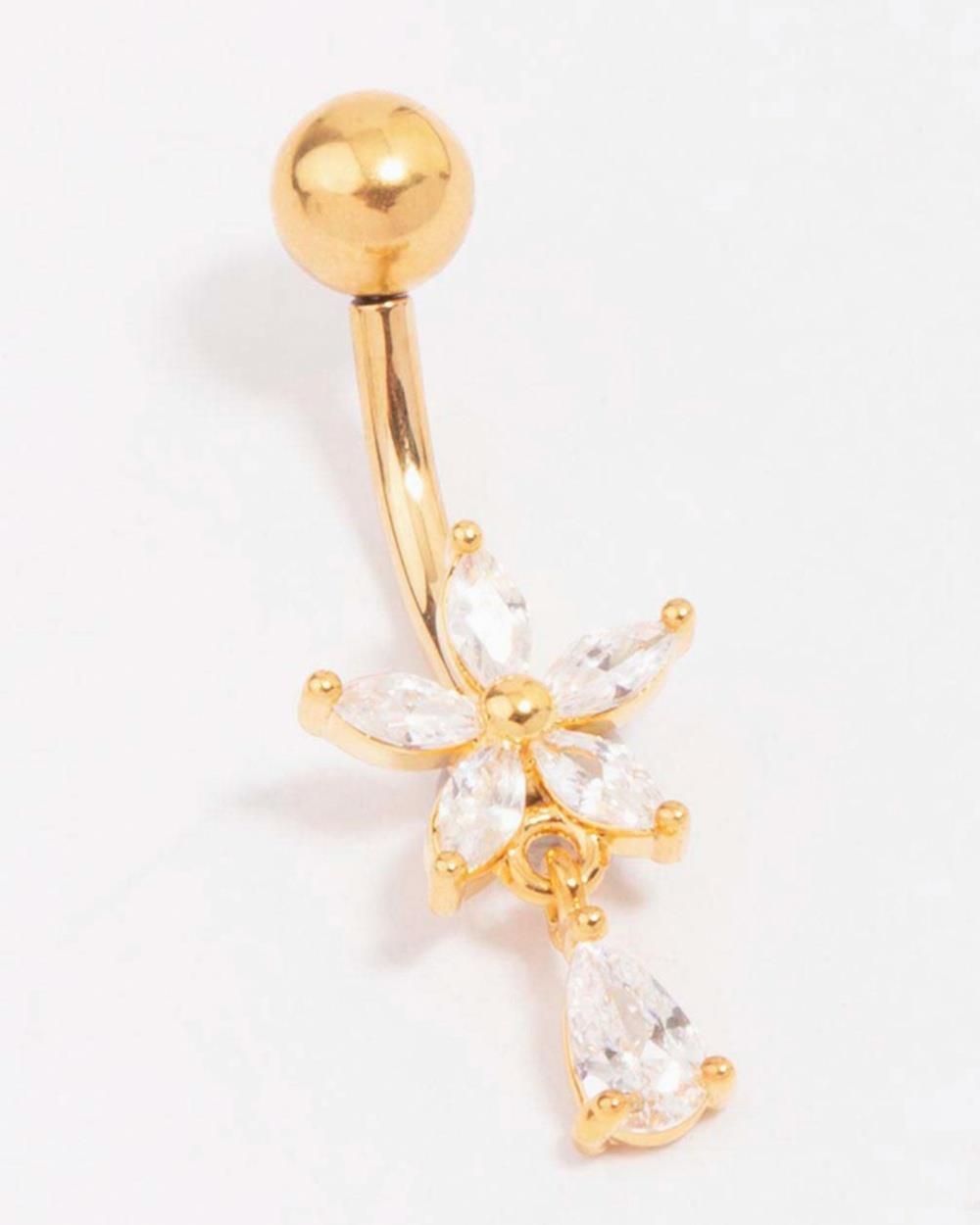 Lovisa - Gold Plated Titanium Cubic Zirconia Flower Pear Belly Piercing - Jewellery (Gold) Gold Plated Titanium Cubic Zirconia Flower Pear Belly Piercing