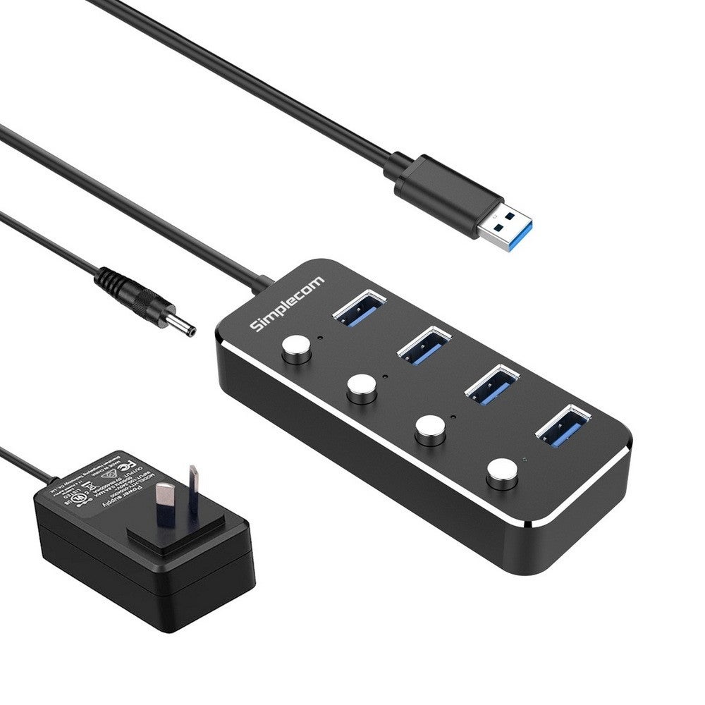 Image of Simplecom CH345PS Aluminium 4-Port USB 3.0 Hub with Individual Switches and Power Adapter