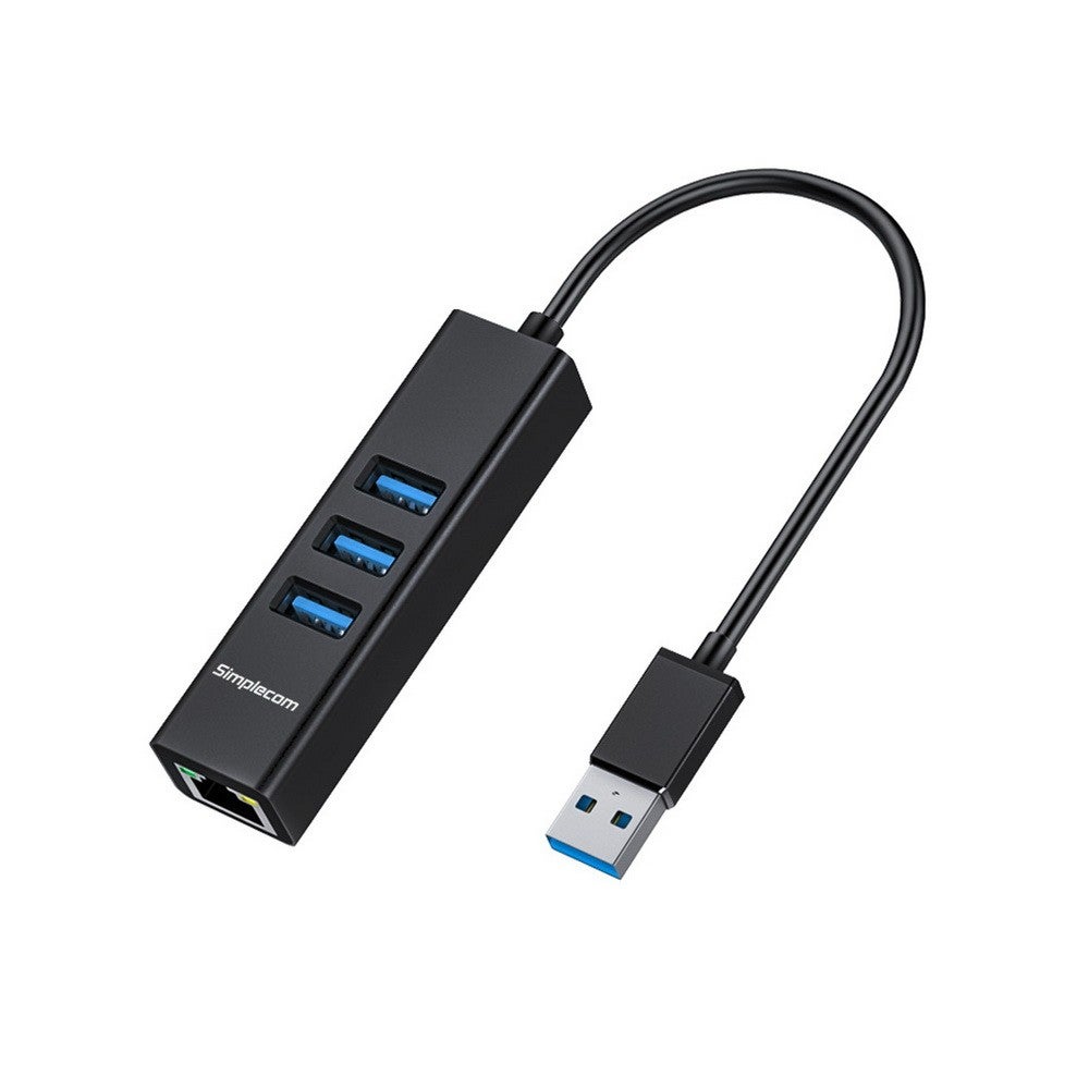 Image of Simplecom CHN420 Black Aluminium 3 Port SuperSpeed USB HUB with Gigabit Ethernet Adapter [CHN420-BLACK]