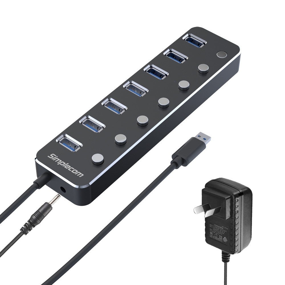 Image of Simplecom CH375PS Aluminium 7 Port USB 3.0 Hub with Individual Switches and Power Adapter
