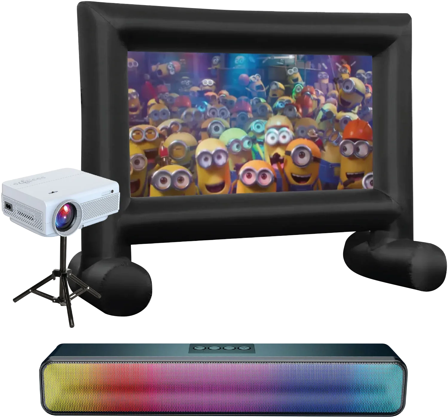 Laser 1080P Projector Bundle with 144" Inflatable Screen, Soundbar, Projector Stand