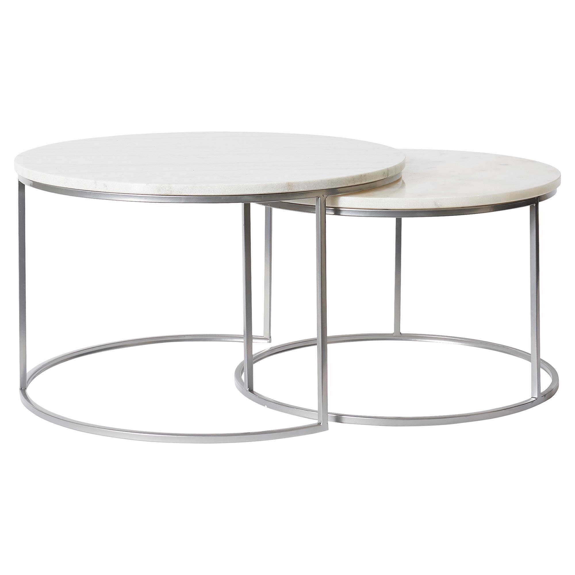 Zander 2 Piece Marble & Metal Round Nested Coffee Table Set, 70/60cm, White / Silver