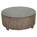 Biron Teak Timber Round Coffee Table with Glass Top, 90cm