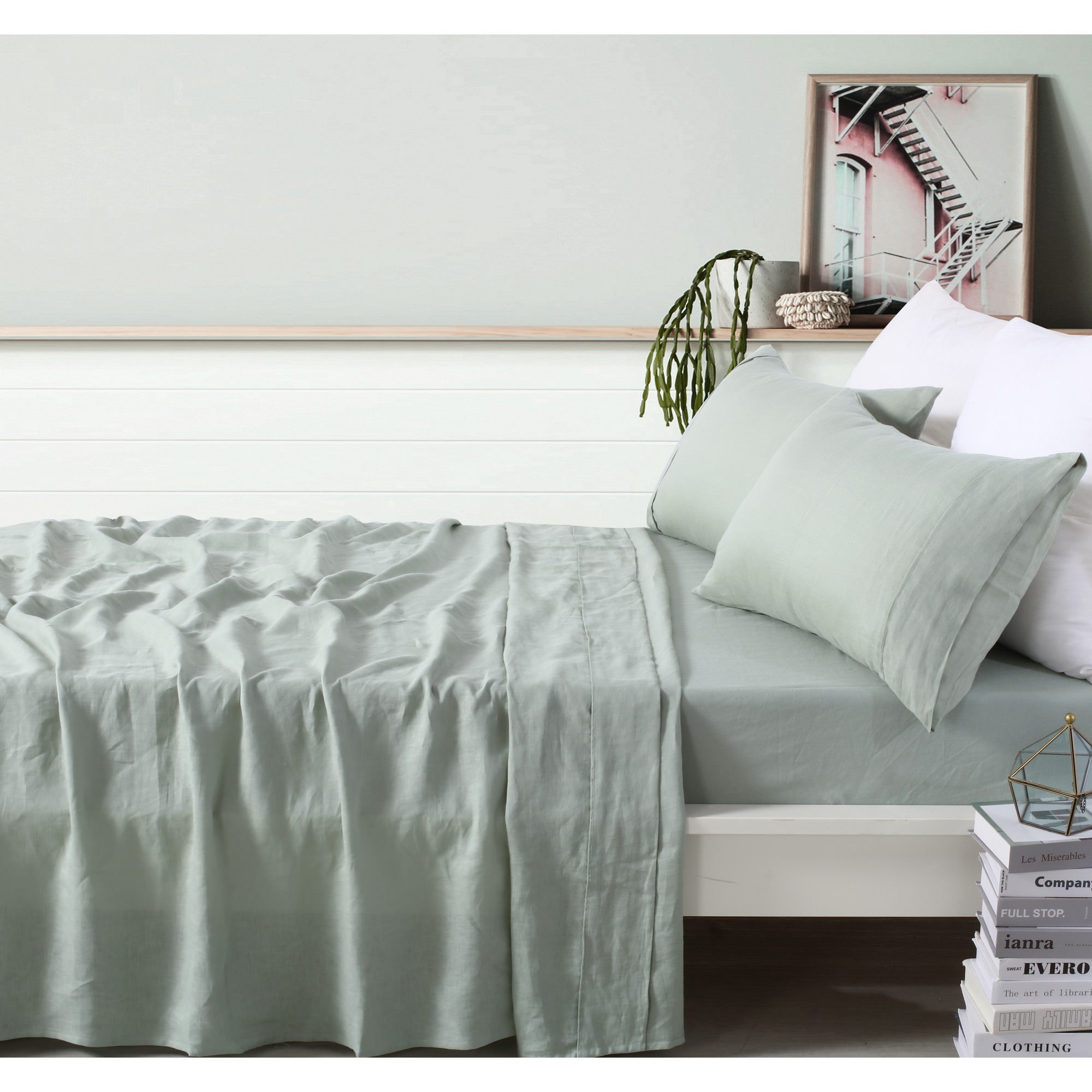 Vintage Design Homeware French Linen Sheet Set, Double, Sage