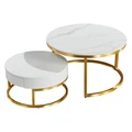 Penrose 2 Piece Sintered Stone Top Round Nesting Coffee Table Set, 80/60cm, White / Gold