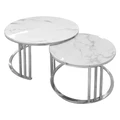 Mosca Stone Top Round Nesting Coffee Table Set, 80/60cm, White / Silver