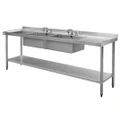 2400 W x 600 D Stainless Sink with Double Centre Sink Bowls and 60mm Splashback