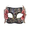 Aria Black Masquerade Eye Mask with Red/Orange Embroidered Flowers