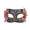 Aria Black Masquerade Eye Mask with Red/Orange Embroidered Flowers