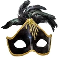 Black & Gold Masquerade Mask With Black Feathers
