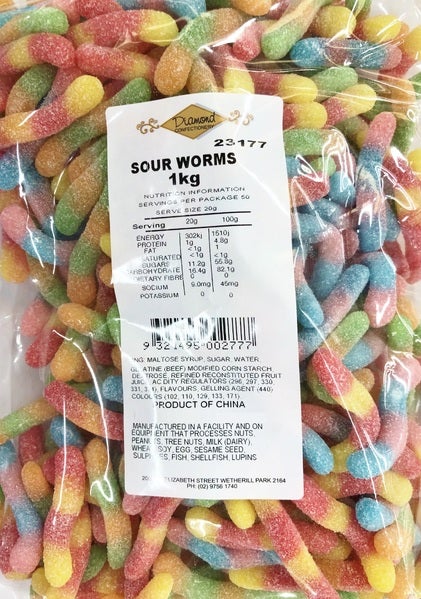Sour Worms Lollies 1kg