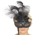 Black Feather Baroque Fantasy Masquerade Eye Mask on Stick