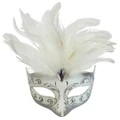Silver Masquerade Eye Mask with White Feathers