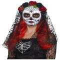 Day of the Dead Plastic Face Mask with Black Lace Veil Pk 1