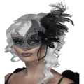 Dark Angel Black & Silver Masquerade Mask with Glitter & Feather Pk 1
