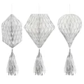 White & Silver Glitter Hanging Honeycomb Decorations w- Tassel Pk 3