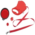 PETSWOL 3-in-1 Dog Leash with Water Bottle & Foldable Bowl - Red