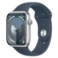 Apple MR9D3ZP/A Watch Series 9 GPS 45mm Silver Case w/ Storm Blue Sport Band - S/M