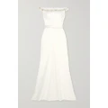 Jenny Packham - Off-the-shoulder Satin-trimmed Embellished Crepe Gown - White - UK 8