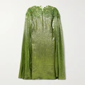 Oscar de la Renta - Cape-effect Embellished Embroidered Tulle-trimmed Silk-blend Lamé Gown - Green - large