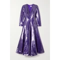 Huishan Zhang - Andy Pleated Sequined Satin Maxi Dress - Purple - UK 10