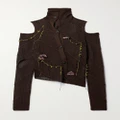 Acne Studios - Cold-shoulder Distressed Appliquéd Open-knit Cardigan - Brown - medium