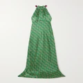 Saloni - Michelle Velvet-trimmed Floral-print Hammered Silk-satin Maxi Dress - Emerald - UK 14
