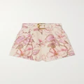 Zimmermann - Matchmaker Belted Pleated Floral-print Linen Shorts - Coral - 0