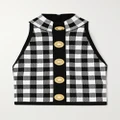 Balmain - Cropped Button-embellished Gingham Knitted Top - Black - FR34