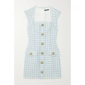 Balmain - Frayed Gingham Cotton-blend Tweed Mini Dress - Light blue - FR34