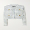 Balmain - Cropped Frayed Checked Cotton-blend Bouclé-tweed Jacket - Light blue - FR38