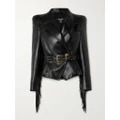 Balmain - Belted Fringed Leather Jacket - Black - FR34