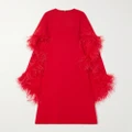 Huishan Zhang - Leighton Cape-effect Feather-embellished Crepe Gown - Red - UK 10