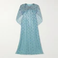 Jenny Packham - Cape-effect Ruched Crystal And Sequin-embellished Tulle Gown - Light blue - UK 10