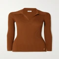 SAINT LAURENT - Embellished Ribbed-knit Polo Sweater - Camel - S