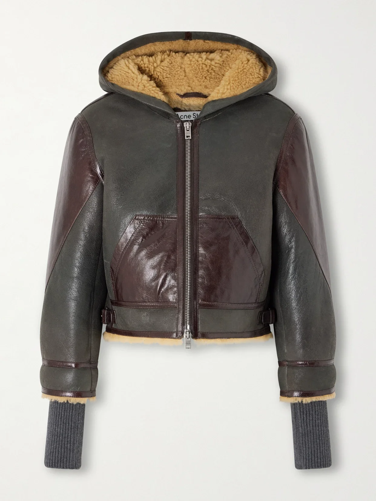 Acne Studios - Leather-panelled Shearling Hooded Jacket - Dark brown - DK32