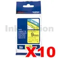 10 x Brother TZe-621 Genuine 9mm Black Text on Yellow Laminated Tape - 8 meters