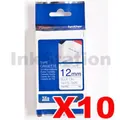 10 x Brother TZe-FA3 Genuine 12mm Blue Text on White Fabric Tape - 3 meters