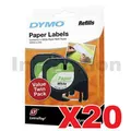 20 x Dymo SD92630 / 10697 Genuine 12mm x 4m Black On White LetraTag Paper Tape Twin Pack