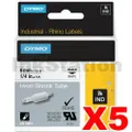 5 x Dymo SD18051 Genuine 6mm Black Text on White Heat-Shrink Tube Industrial Rhino Label Cassette - 1.5 meters