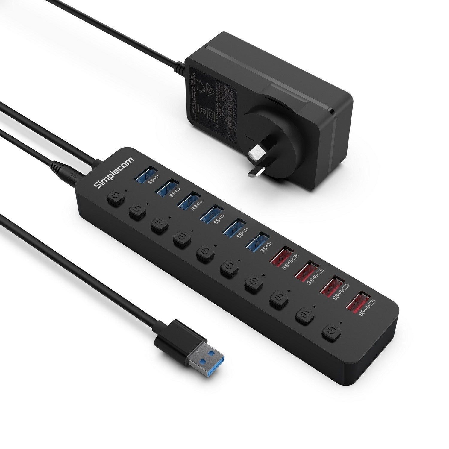 48W 10-Port USB 3.0 Hub and Charger with Individual Switches 12V/4A Power Adapter BC1.2 Fast Charging - Simplecom CHU810